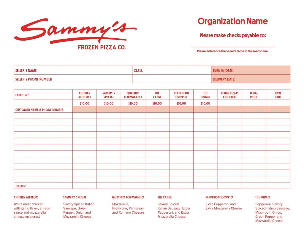 Sample Sammy's fundraiser order form